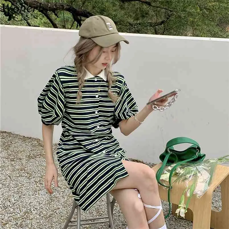 Chic Korean Striped Mini Green Shirt Dress for Women - Harajuku Streetwear bunnies vestidos with Puff Sleeves and Summer Fashion