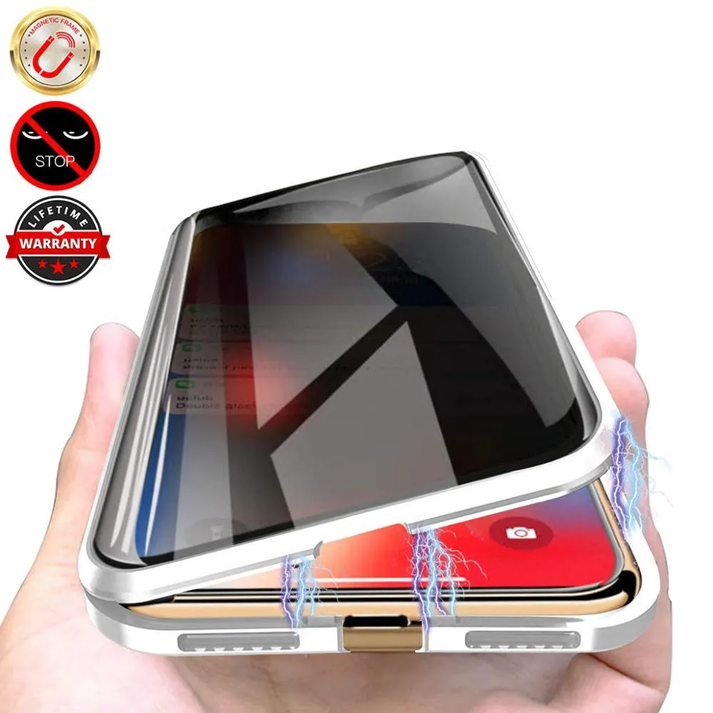 Privacy Tempered Glass Magnetic Väska till iPhone 11 Pro XS Max XR X 8 7 6S 6 Plus SE Magnet Metal Bumper Anti-Peeping Cover