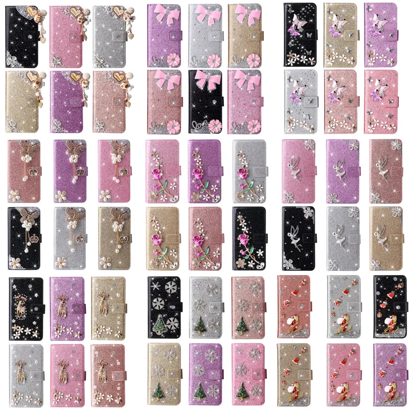 Glitter Bling Diamant En Cuir Portefeuille Cas Fleur Coeur Amour Ange Papillon Pour iPhone 13 12 Mini 11 Pro Max XR XS X 8 Plus Samsung S20 S21 Ultra A02 A12 A22 A32 A52 A72