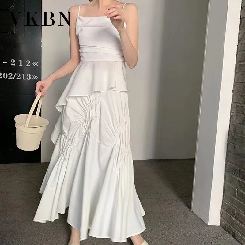 VKBN s Jupe Femmes Casual Asymétrique Longueur Cheville Blanc Noir Ruché Solide Jupe Longue pour Femmes Style Coréen 210507