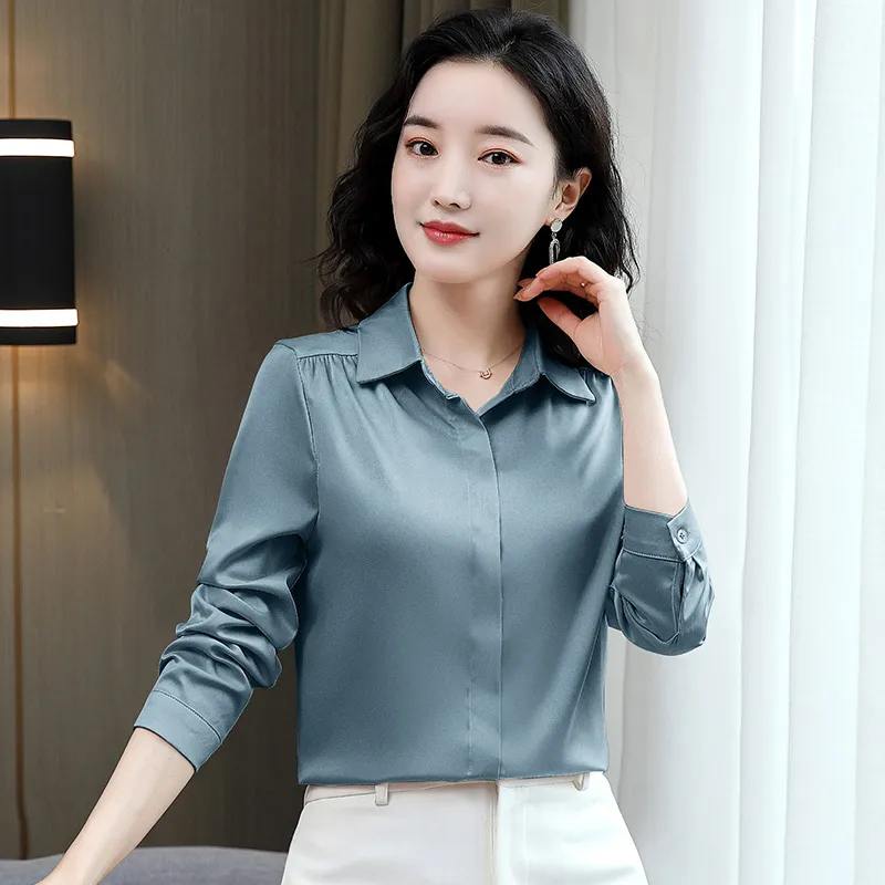 light blue satin blouse