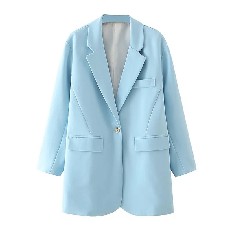 causal women single button blazer jackets fashion ladies blue chic suits  casual female notched collar girl 210527