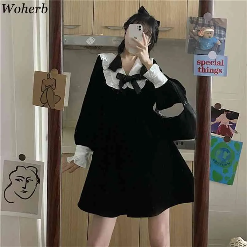 Elegant Vintage Women Mini Dress Japansk Preppy Slim Robe Bow Slips Peter Pan Collar Black Dresses Temperament Vestidos 210519