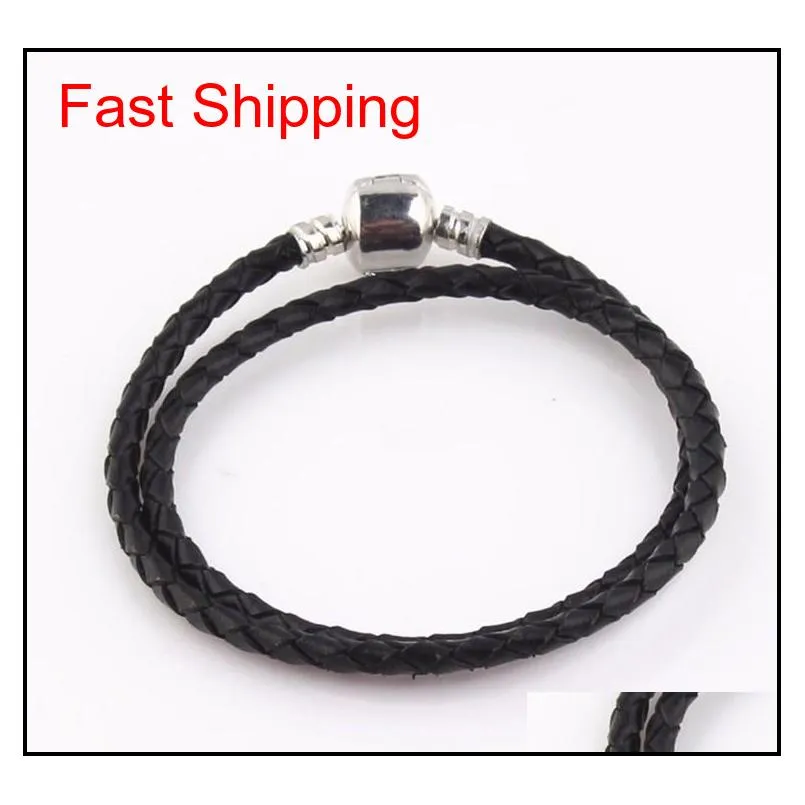 high quality fine jewelry woven 100% genuine leather bracelet mix size 925 silver clasp bead fits  charms bracelet diy marking
