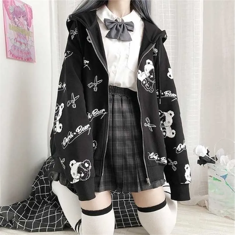 Gotycki płaszcz Bluza Kobiety Moda Wiosna Odzież Ins Preppy Kawaii Bluzy Z Długim Rękawem Zip Up Hoodie Japoński Cute Topy 211013