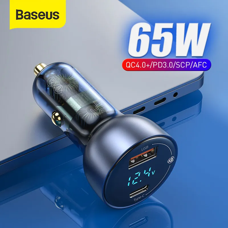 BASEUS 65W PD 4.0 QC 3.0 LED-display Type-C Snel snel voor iPhone Xiaomi USB-telefoonlader in de auto