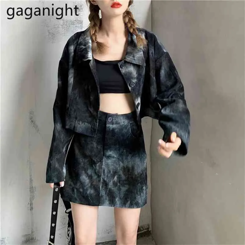 Cool Tie Dye Women Two Pieces Set Crop Sexy Lady Coat Mini Short Fashion Skirt Girls Outwear Suit Spring Autumn Outfit 210601