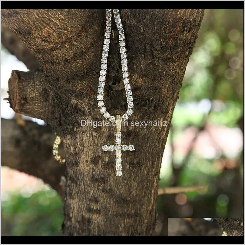 iced out zircon cross pendant with 4mm tennis chain necklace set men`s hip hop jewelry gold silver cz pendant necklace set 97 u2