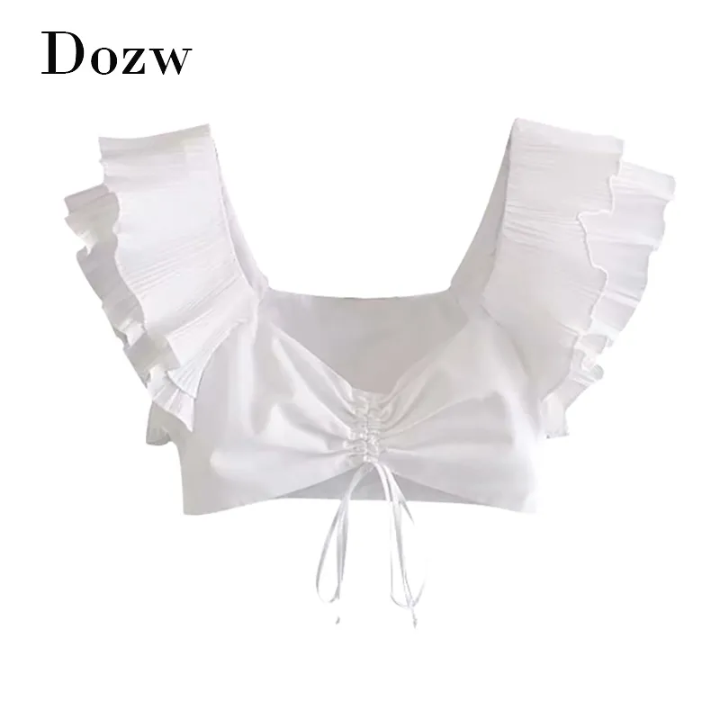 Femmes élégant coton blanc Blouses à volants Sexy sans manches nœud papillon haut court dames solide Chic court Blouse chemise 210414