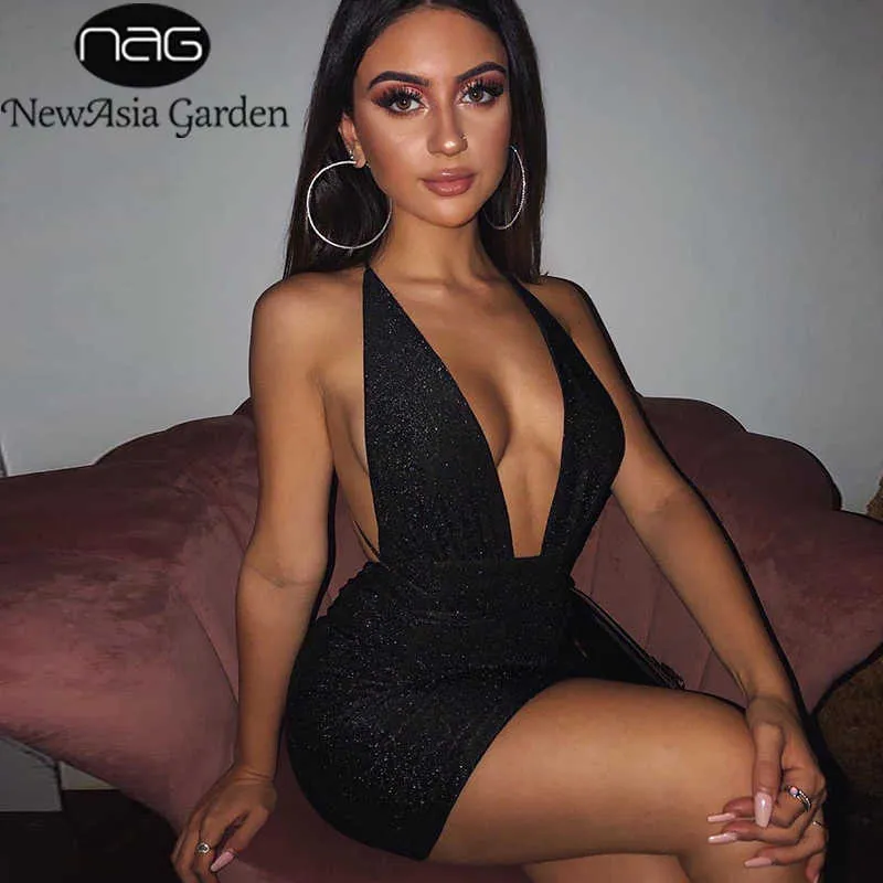 Asia Bright Silk Shiny Party Dress Women Deep V Neck Backless Sexy Mini Dress Lacing Straps Sleeveless Bandage Dresses 210719