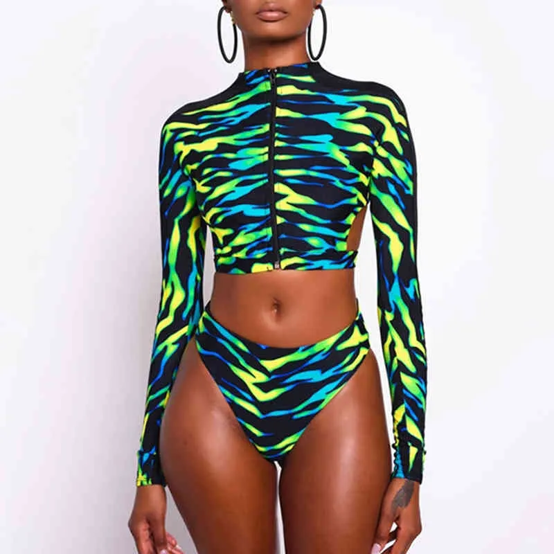 Sexy Langarm-Frauen-Badeanzug-Reißverschluss Afrikanische Badebekleidung Rückenfreier Badeanzug Hohe Taille Bikini-Set Brasilianische Beachwear 210520