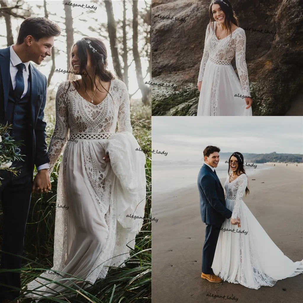 Boho Wedding Dresses for Bride Long Sleeve Lace Chiffon Beach country Bridal Gowns for Women Vestido De Noiva Robe De Mariee