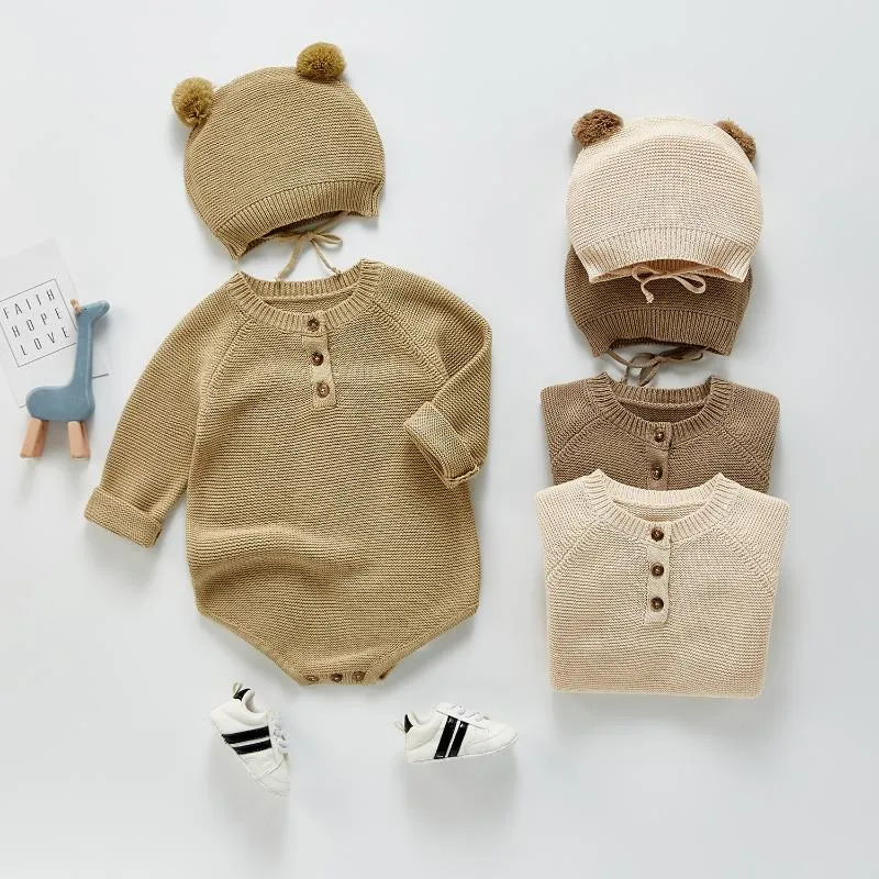 Rompers Born Infant Baby Boys Girls Stickad Långärmad Romper + Fur Ball Hat Outfits Bomull Solid Småbarn Sweater Jumpsuit Kläder