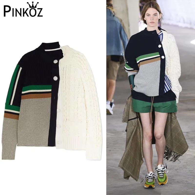 Runway Winter Casual Women Sweaters ColorBlock Patchwork O-Neck Cardigans Single Breasted Långärmad Loose Coat Tops 210421