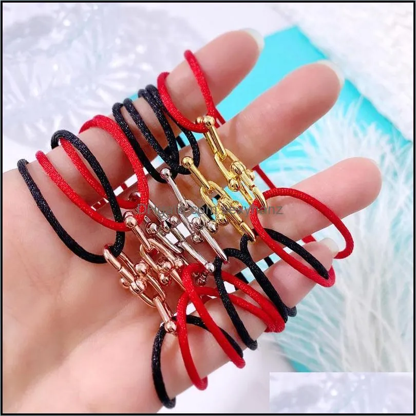 Sieraden Bangle hoogwaardige zwart rood en meer kleuren katoenen touw aessories u vergrendeling kettingstijl roestvrijstalen armbanden voor vrouwen drop deli