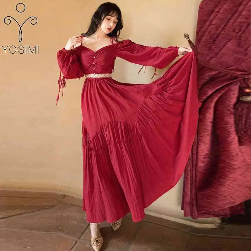 ヨシミコットンとリネンの女性のドレス夏のヴィンテージのフルスリーブランタン刺繍ベルトパーティー210604