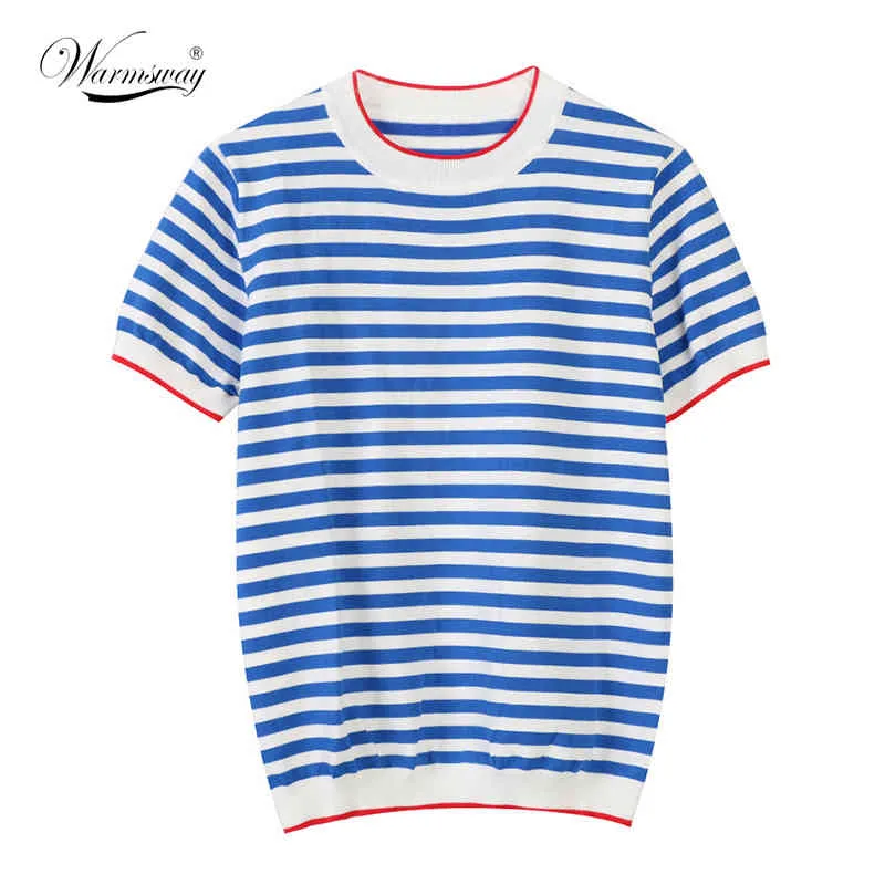 WarmSway fino de malha camiseta mulheres roupas 2021 verão mulher manga curta tees tops listrado t-shirt casual feminino B-019 Y0508