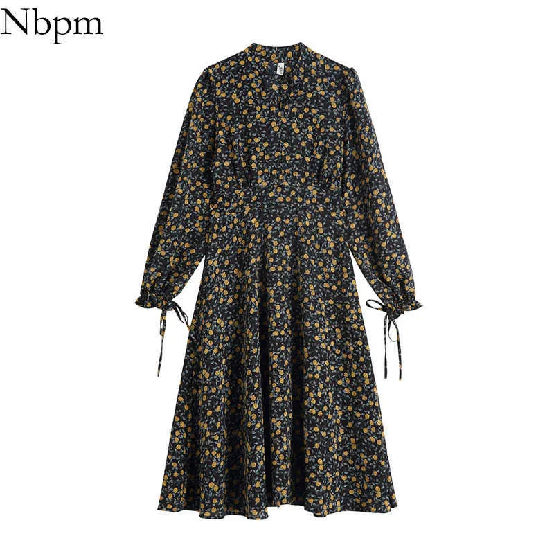 Moda chique das mulheres de NBPM com impressão floral plissado Midi vestido vintage elegante elegante doce chique suave cintura alta vestidos mujer 210529