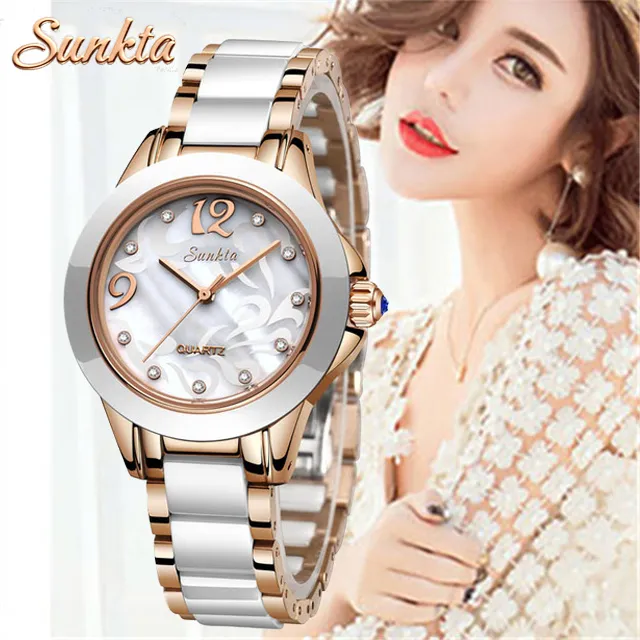 SUNKTA Rose gold women watches Quartz watch top for woman luxury brand woman ceramic watch girl clock gift Relogio Feminino 210517