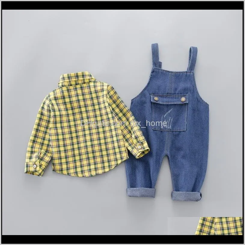 new spring baby boy plaid long sleeve cotton t-shirt+blue denim braces pants clothing sets shipping