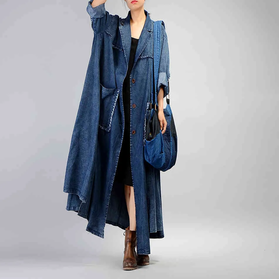 Johnature Women Trench Coat Fall Winter Pockets Long Sleeve Blue Plus Size Women Clothing Coats Button Vintage Trench 210521