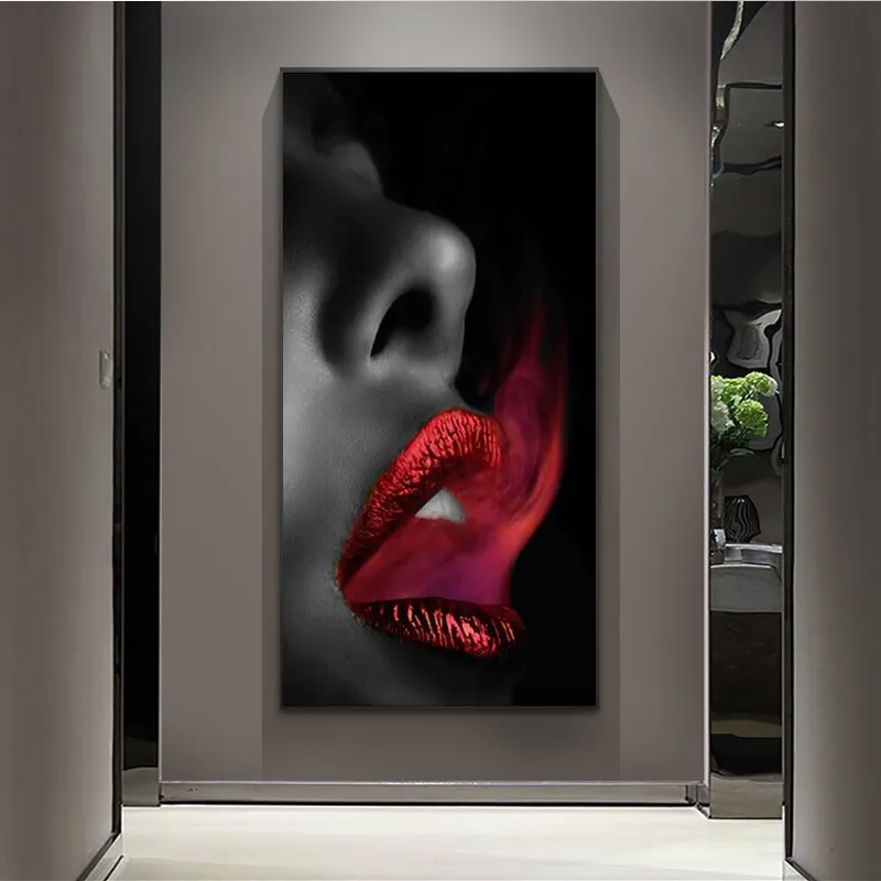 Modular Woman Red Smoke Lips Oil Painting Canvas Wall Art Sexy Abstract ...