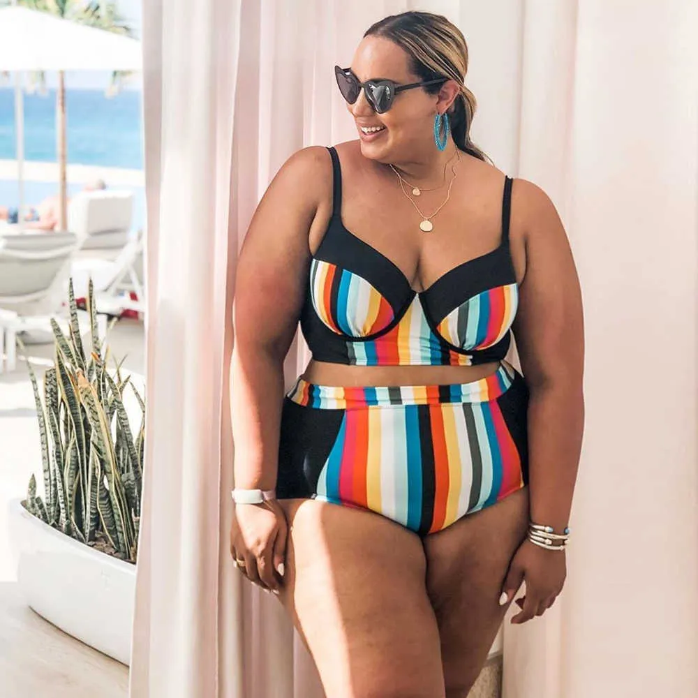 Plus Size Bikini Set for Obese Woman Separate Women's Swimwear High Waist  Big Breasts Swimsuit Large Striped Bathing Suits