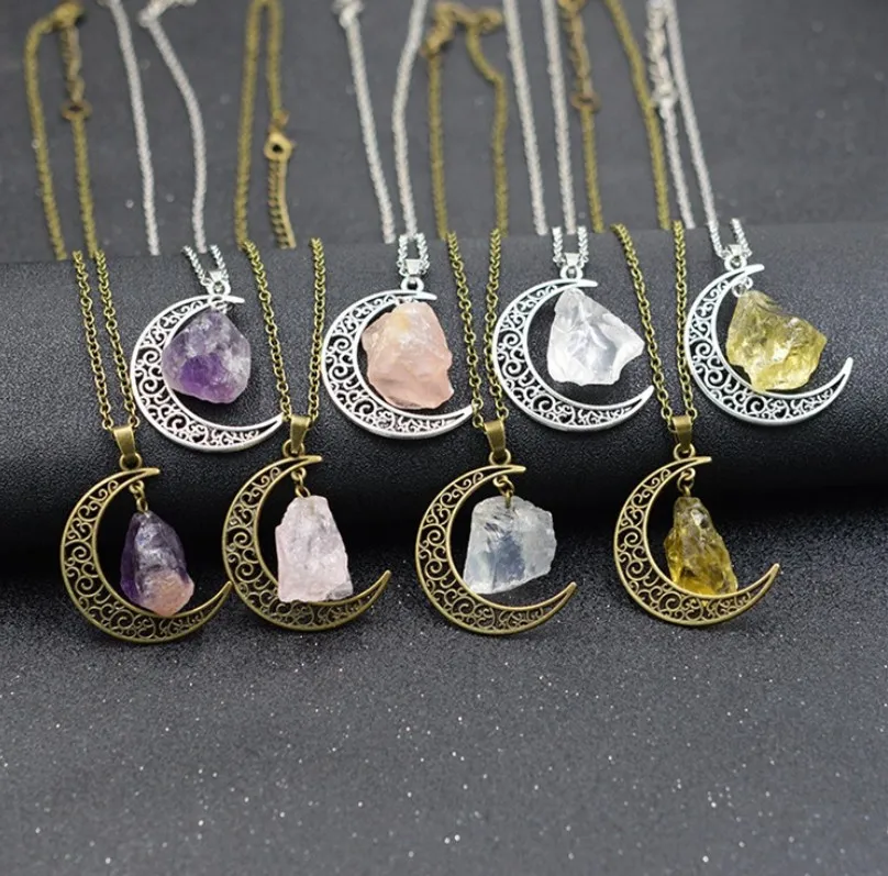 Natural stone moon necklace star moonlight gem crystal pendant with chain