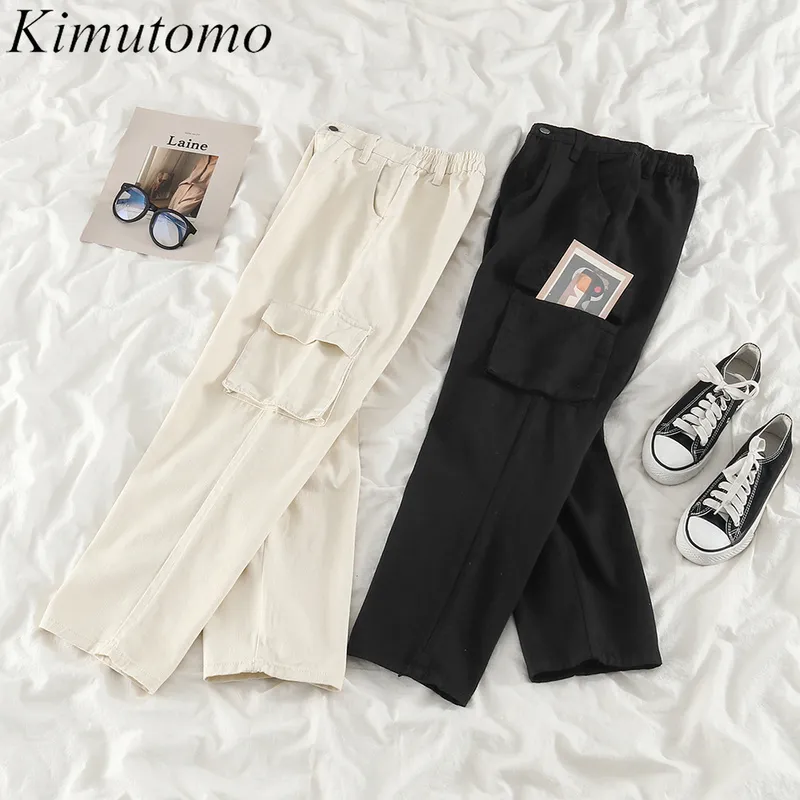 Kimutomo Casual Jeans Frauen Frühling Mode Weibliche Feste Taschen Hohe Taille Alle-passenden Cargo Hosen Outwear Chic 210521