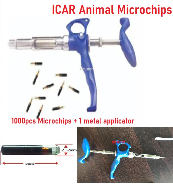 Microchip 1000PCS + 1 conjunto aplicador 2.12 * 12mm microchip animal RFID Tag com EM4305 Chip ISO11784 / 5 FDX-B Microchips para animais para pescar Cão Cat Idetificação