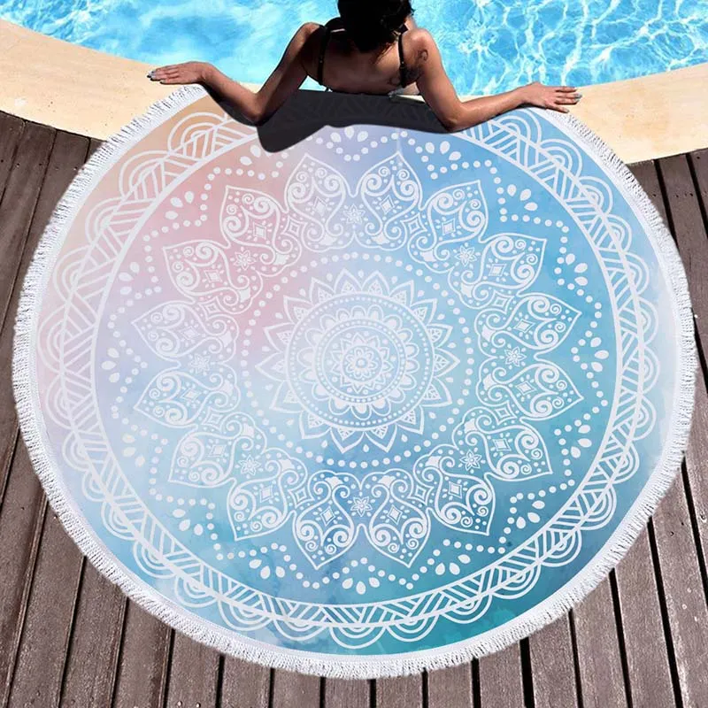 Round Beach Towel Mandala Microfiber Geometry Terry Thick With Tassels Round Beach Blanket Picnic Throw Yoga Mat Ultra Soft 59 Inch