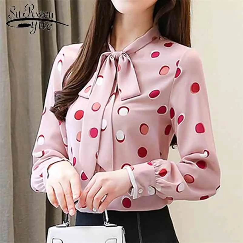 blusas mujer de moda Autumn Fashion Chiffon Blouses Pink Dot Women Tops Long Sleeve Bow Clothing Office Lady 5561 50 210427