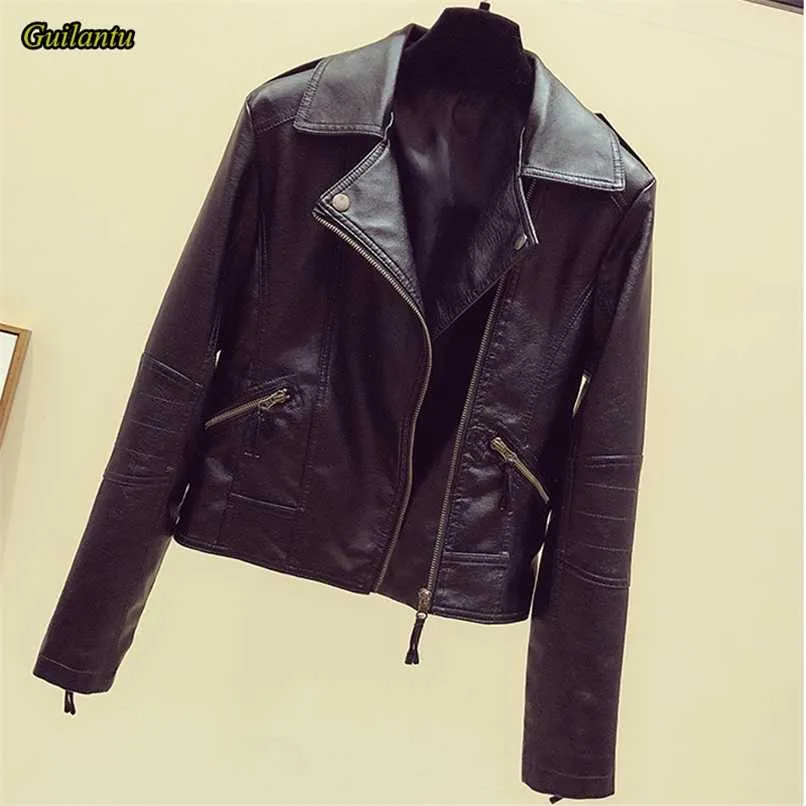 Guilantu Plus Größe 5xl 6xl Motorrad Faux Pu Leder Jacke Frauen Umlegekragen Reißverschluss Schwarz Punk Streetwear Biker Mantel 211007