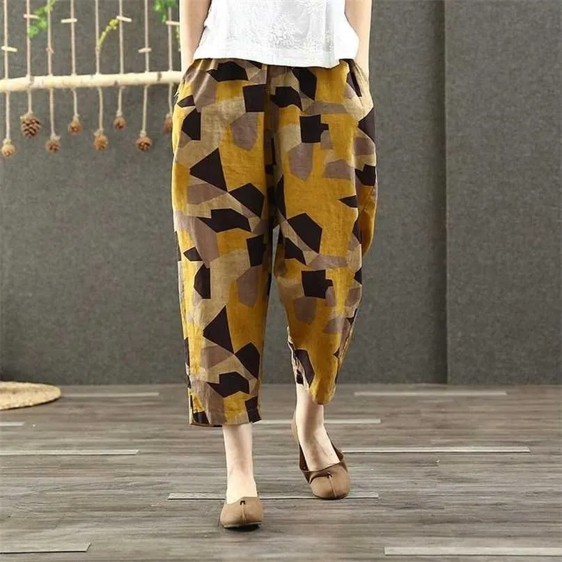 F&je Spring Summer Women Pants Plus Size Elastic Waist Geometric Cotton Linen Harem Vintage print Loose Wide Leg D44 211115