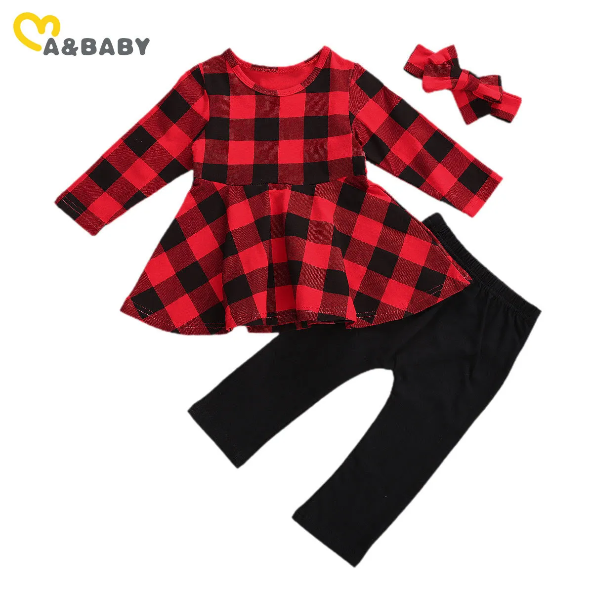 1-5Y Jul Toddler Spädbarn Barnbarn Tjejer Kläder Ställ Röd Plaid Tunika T Shirt Pants Outfits Xmas Kostymer 210515