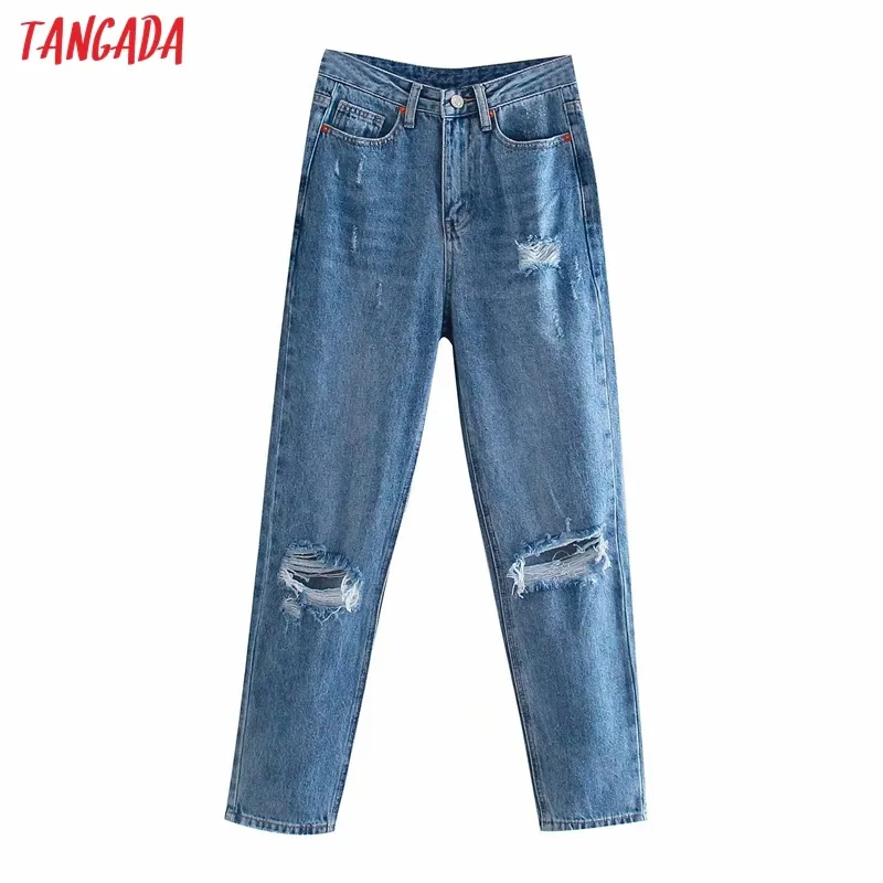 Moda Kadın Erkek Arkadaşı Stil Yırtık Kot Uzun Pantolon Cepler Düğmeler Kadın Pantolon 4M138 210416