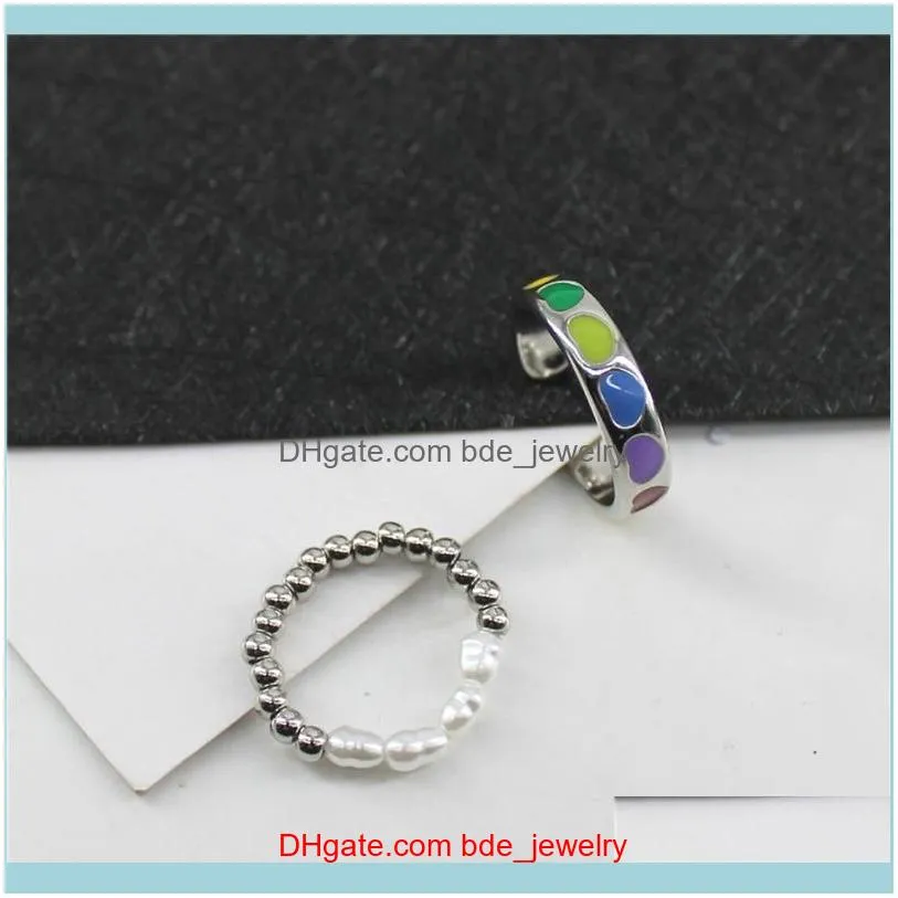 Wedding Rings 2Pcs Bohemian Rainbow Heart Shaped Open Ring Kit Elastic Pearls Finger Rin 066C