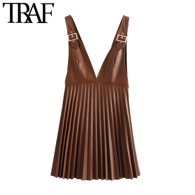 TRAF Mulheres Chic Moda Faux Leather Plissado Pinafore Saia Vintage V Pescoço Grande Ajustável Correias Femininas Saias Mujer 210415