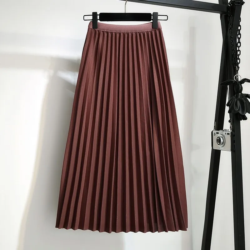 Womens Autumn High Waist Pleated Skirt Retro Slim Fit, Solid