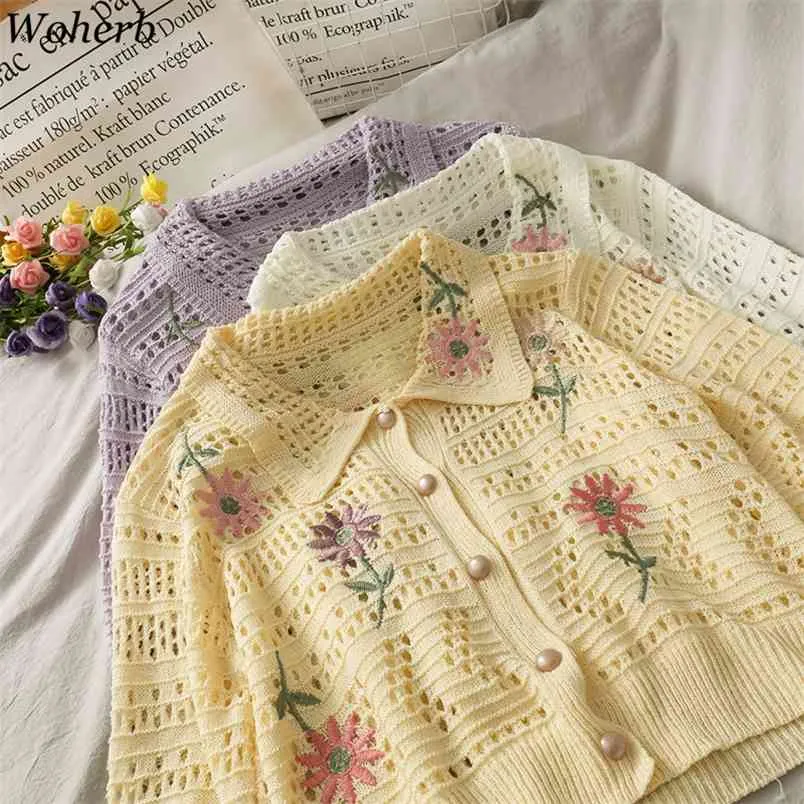 Tunna ihåliga utskurna cardigan kvinnor elegant ulzzang blommig broderi stickad tjej outwear chic all-match lady jumper 210519