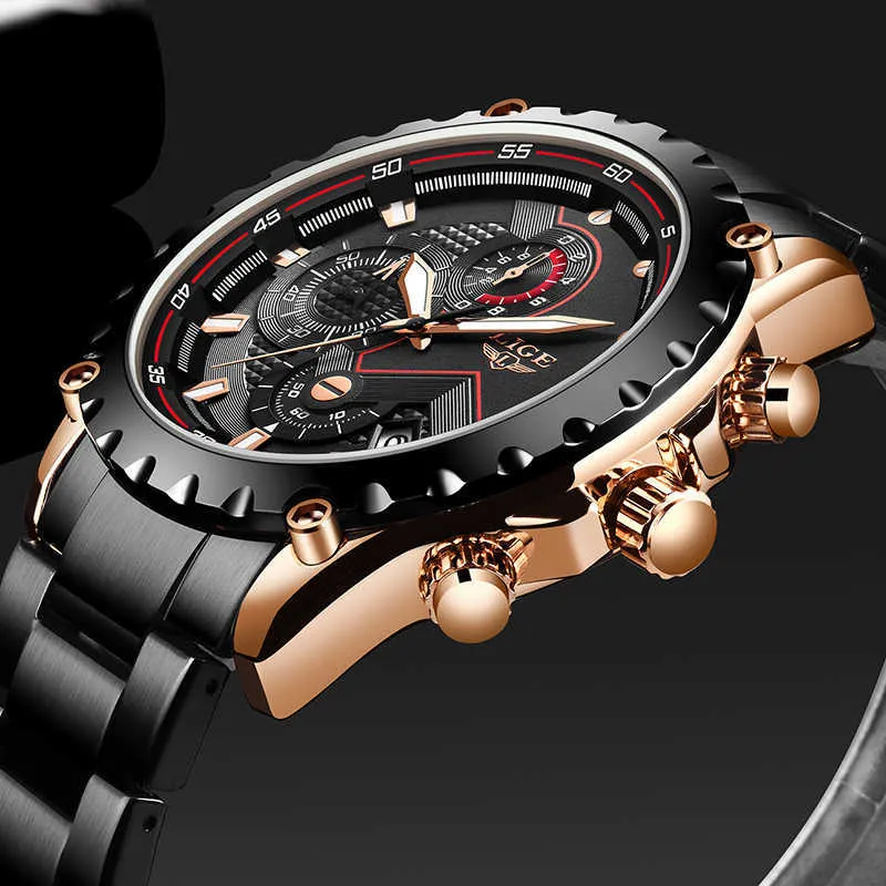 Ligeメンズウォッチトップブランド高級時計ビジネスステンレススチールクォーツ腕時計メンズカジュアル防水日クロノグラフ210527