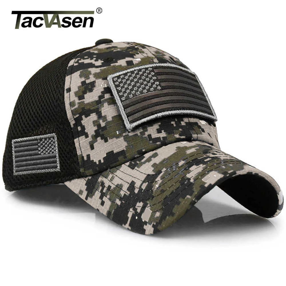Tacvasen Tactical Camouflage Baseball Caps Men Summer Mesh Militär Army Caps Konstruerade Trucker Cap Hats med USA Flagga Patches Q0911