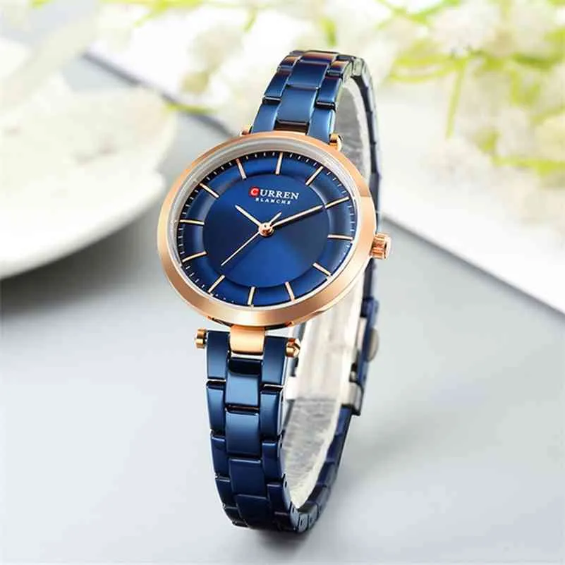 CURREN Top Luxury Brand Quartz Watches Rose Blue Bracelet Female Clock Casual Slim Watches Stainless Steel Ladies Wristwatch 210517