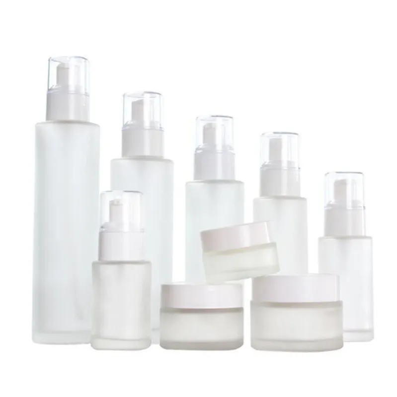 Frosted Glass Cosmetic Bottle Cream Jar Empty Refillable Lotion Spray Bottles Cosmetics Sample Storage Containers Jars 30ml 40ml 60ml 80ml 100ml