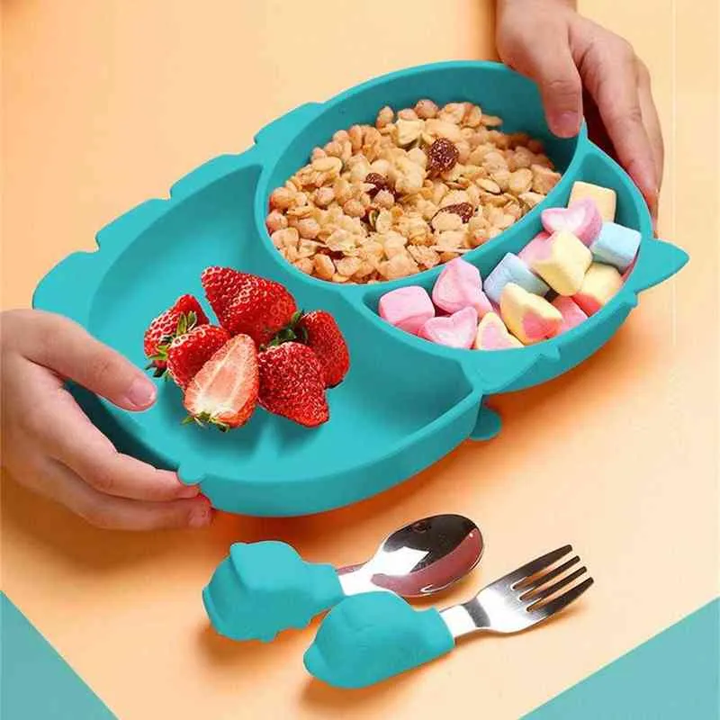 Детские силиконовые кормления питание столовые посуды BPA бесплатно мультфильм свинья детские блюда младенца едят посуда набор анти горячей тренировочной пластины G1210