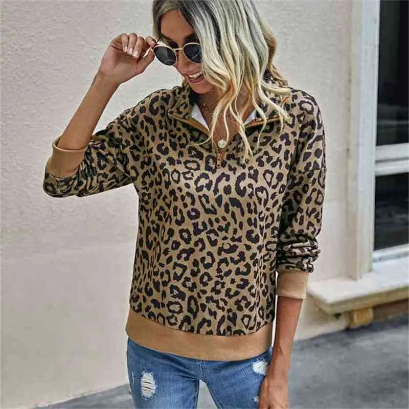 Fall Fashion Leopard Print High Collar Stitching Zipper Långärmad Kvinnors Hoodies Casual Short Stående Pullover 210522