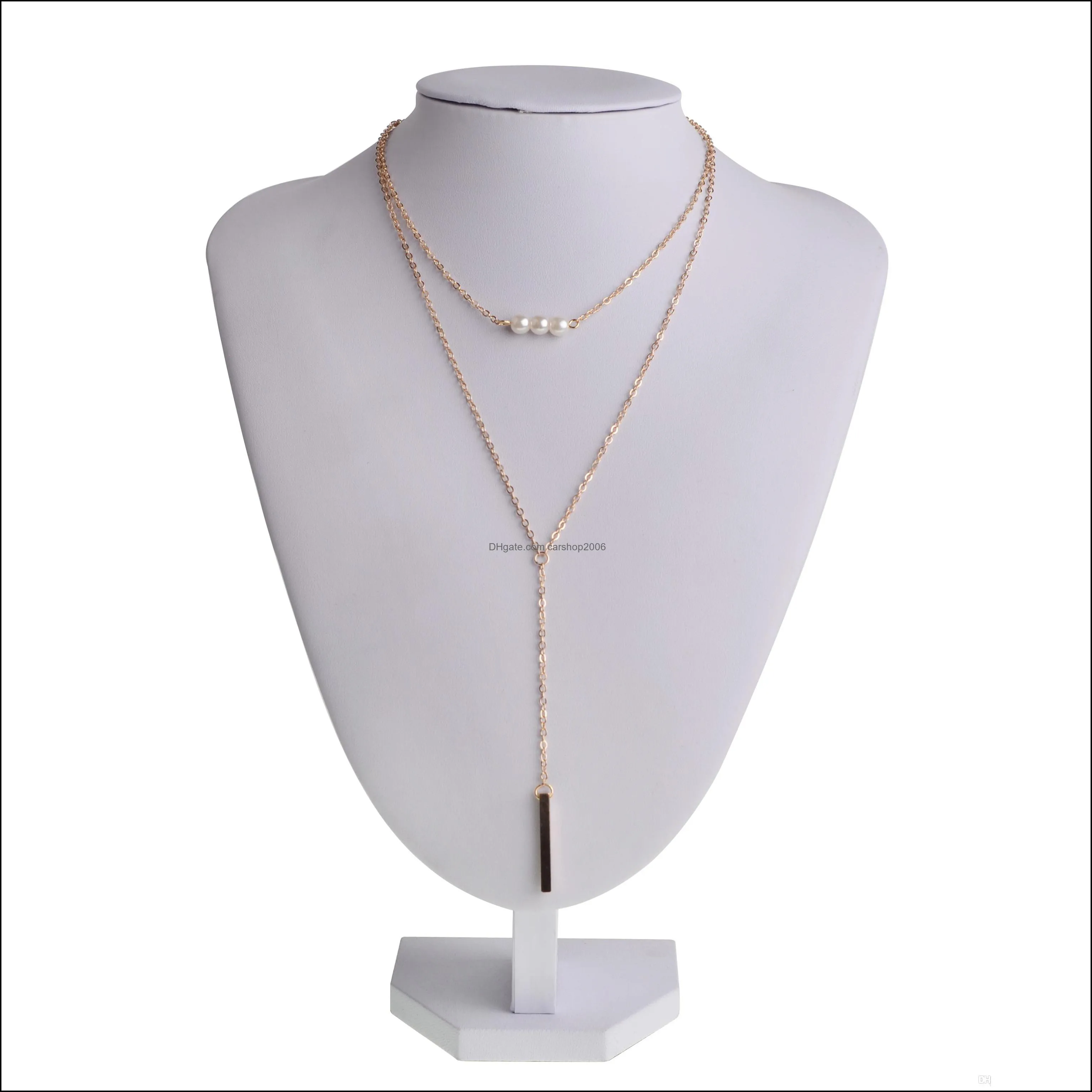 Women`s Multilayer Necklace Simple Long Rod Pendant Pearl Beaded Necklace