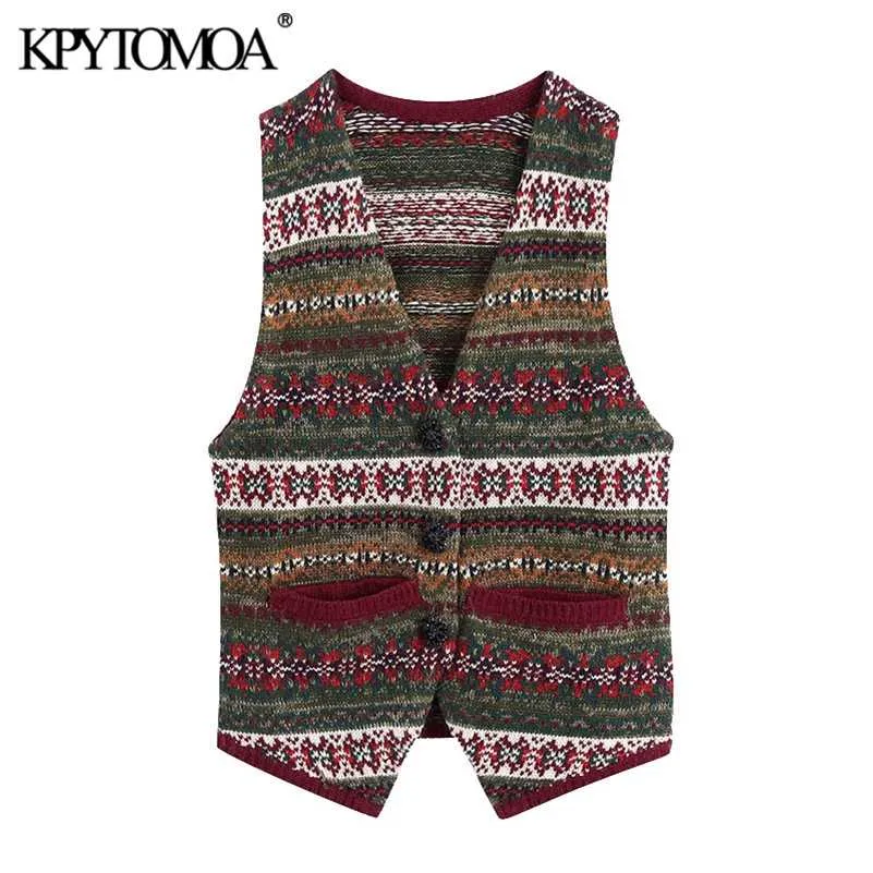 Kpytomoa Damesmode met knopen Jacquard Gebreide Vest Trui Vintage V-hals Mouwloze Vrouwelijke vest CHIC TOPS 211106