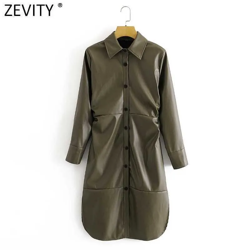 Zevity Women Fashion Single Breasted Waist Pleated Shirt Dress Femme Långärmad sida Split Faux Leather Slim Vestido DS4878 210603