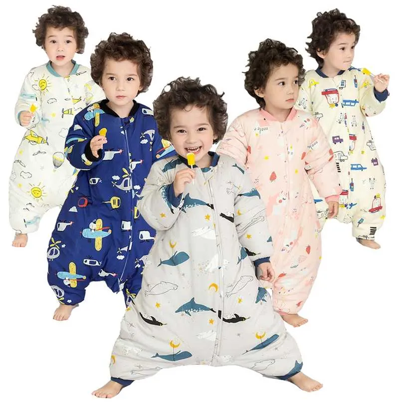 Toddler zima śpi torby niemowlę Ciepłe bawełniane piżamy małe dzieci kreskówki bedtime Playsuits baby split noga sleepsack 211025